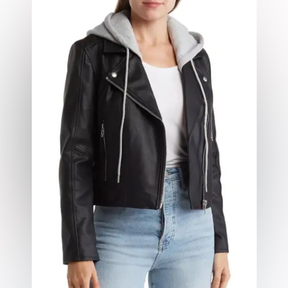 Blank NYC Faux Leather Hooded Crop Moto Jacket Size XL
